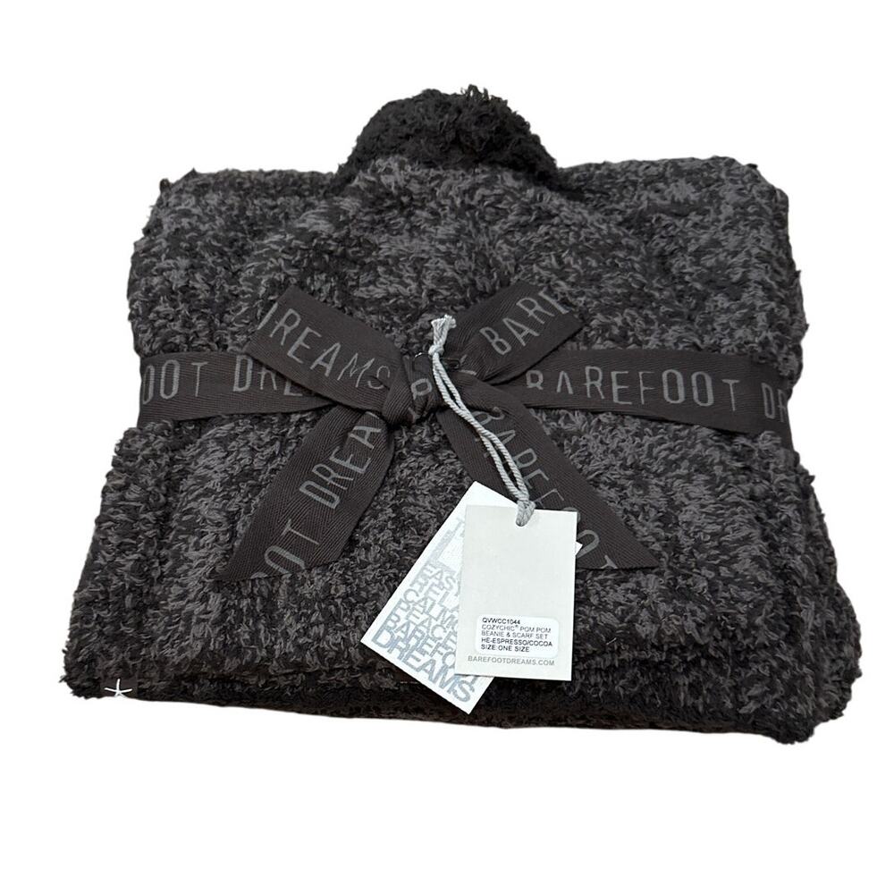 Barefoot Dreams Cozychic Pom Pom Beanie & Scarf Set Espresso One Size New